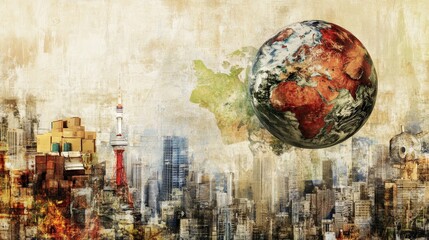 Fototapeta premium Global Trade Concept with Earth and City Landscape in Abstract Artistic Representation
