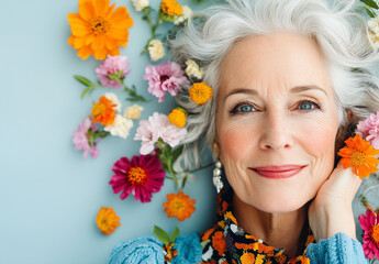  older adult woman radiates vitality and hormone balance, surrounded by blooming flowers in a serene setting. A graceful representation of aging, wellness, and natural beauty in harmony with nature.