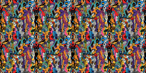 Fototapeta premium Cartoon hand-drawn doodles on the subject of summer holidays theme seamless pattern