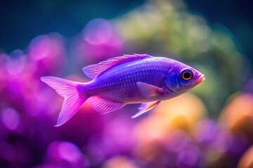 Fototapeta premium Minimalist Aquarium: Tiny Violet Tropical Fish in Crystal Clear Water
