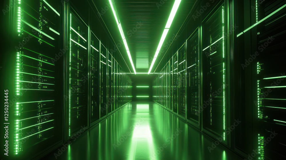Poster illuminated server room corridor with rows of green lit computer racks