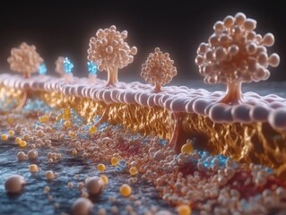 Detailed illustration of a biological cell membrane featuring protein receptors, lipids, and various molecular interactions at a microscopic level The image showcases the complexity of cellular