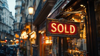 Bright Sold Sign Illuminates Vintage Storefront in Charming Alley