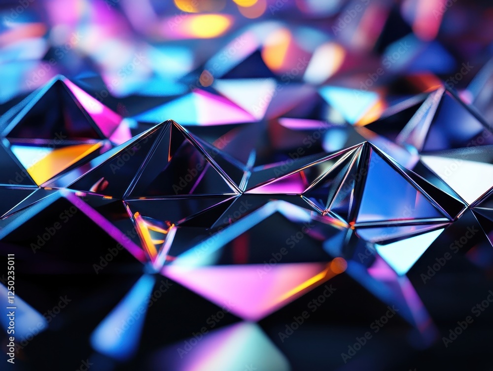 Poster abstract faceted geometric structure with iridescent reflections and playful light, close-up.
