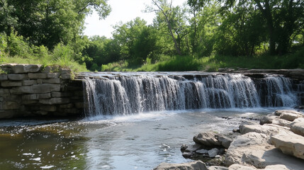 A waterfall is flowing into a river