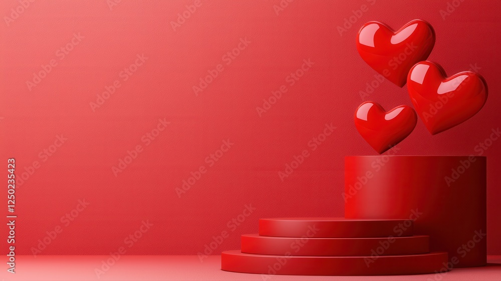 Poster red hearts on round pedestal in soft red background display