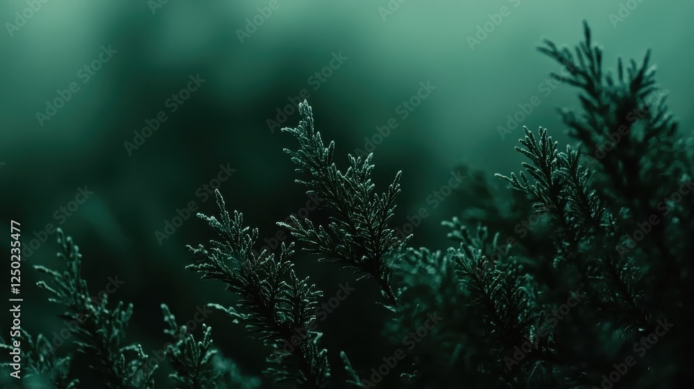 Poster moody emerald close-up of juniper branches with soft focus in deep green tones