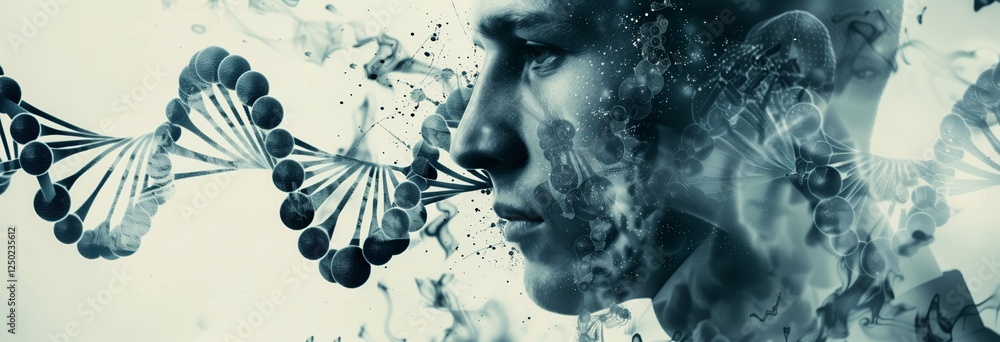 Aufkleber professional man technology gene editing scientist close up with data information panoramic backgrou