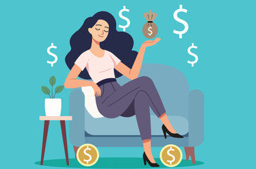Building wealth through passive income. Woman enjoying a relaxed lifestyle with money flowing in, representing financial independence and early retirement.