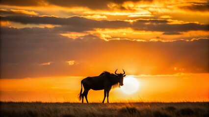 Minimalist Gnu Silhouette - African Savannah Wildlife Sunset