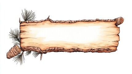 Rustic wooden sign with pine branches and cones, ideal for nature-themed announcements