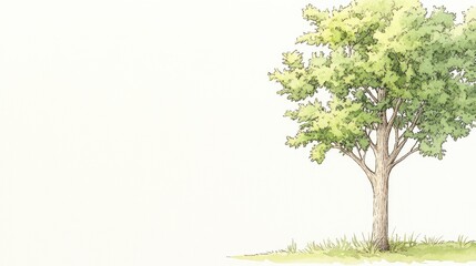 Obraz premium A solitary green tree stands on a grassy area against a light background, evoking tranquility