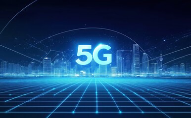 Obraz premium Dynamic 5G Technology Connecting Futuristic City with Glowing Blue Lines and Digital Vibes