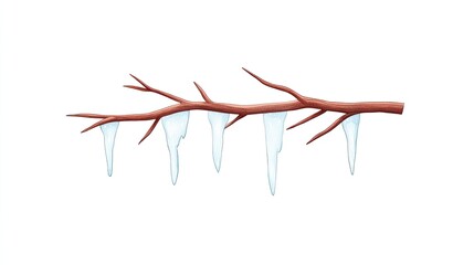 Fototapeta premium Icicles hanging from a bare branch against a white background, evoking winter's chill and beauty