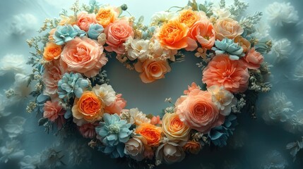 Fototapeta premium Heart-shaped floral arrangement featuring vibrant roses and soft blue flowers against a serene backdrop