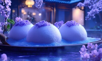 Purple sweet rice balls, tranquil garden, night. Food photography for recipe or restaurant menu