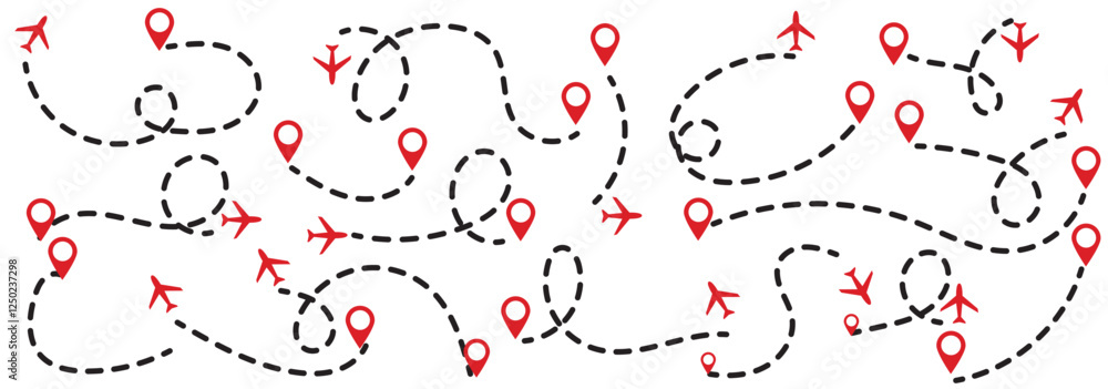 Poster print set of airplane routes in dashed line trace. plane route lines of aircraft tracking, location 