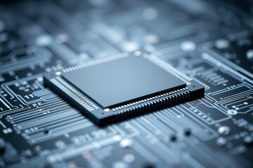 Close-up of microchip on integrated circuit board technology