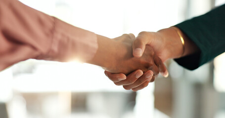 Handshake, office and hands of business people for partnership, collaboration and meeting. Corporate, professional and workers with gesture for agreement, b2b agreement and welcome for onboarding