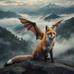 "A fantasy-themed fox with dragon-like wings, soaring over a misty mountain landscape."