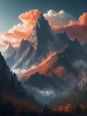 Majestic Peak Surrounded by Clouds and Mist
