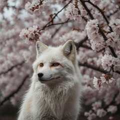 "A majestic white fox standing under cherry blossoms, petals gently falling around it."