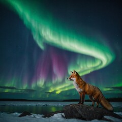 "A fox standing on a rock under the Northern Lights, its fur glowing from the aurora."