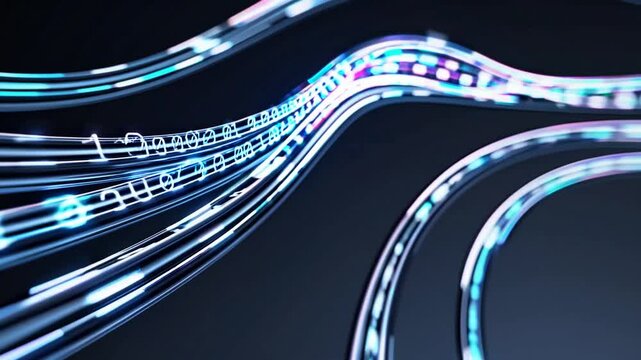 Digital River of Data: Abstract flowing streams of data, represented by glowing binary code and digital pathways, create a mesmerizing visual of modern technology and information flow.