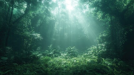 Lush Green Forest with Sunlight Beams Illuminating the Understory and Foliage