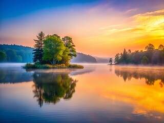 Fototapeta premium Minimalist Sunrise over Serene New York Lake: Calm Water, Misty Dawn