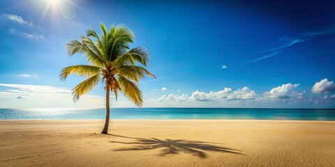 Obraz premium Minimalist Sunny Florida Beach: Golden Sand, Azure Ocean, Palm Silhouette