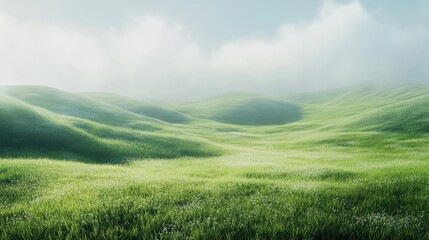 Fototapeta premium Serene Green Landscape Rolling Hills of Grass with White Flowers and Misty Horizon