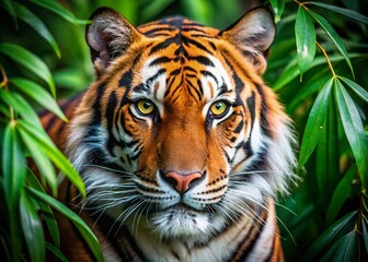 Fototapeta premium Minimalist Tiger Portrait: Lush Green Foliage Close-Up