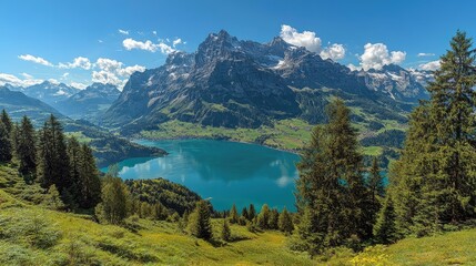 Fototapeta premium Majestic mountain landscape with a serene lake and lush greenery under a clear blue sky