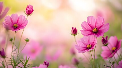 Delicate Pink Cosmos Flowers Bloom in Soft Light