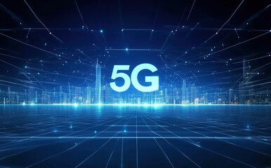 Dynamic 5G Technology Visualization in a Futuristic Urban Setting with Blue Glowing Lines and Network Connectivity
