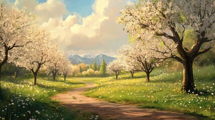 Obraz premium Serene landscape with flowering trees and distant mountains.