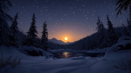 Serene Winter Night Moonrise over Snowy Lake and Pine Forest Landscape.