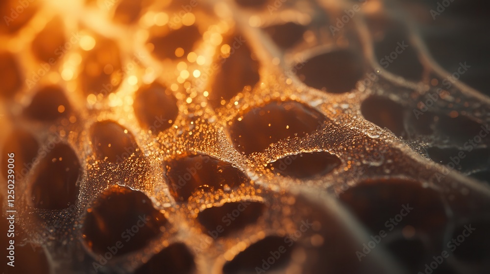 Poster abstract macro of golden honeycomb structure with sparkling dew drops, ethereal light and dark textu