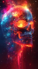 A vibrant cosmic skull illuminated by fiery colors against a starry backdrop, symbolizing life and death