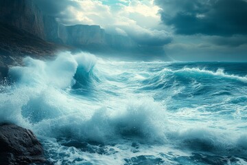 A coastal landscape with waves crashing against the rocks, cool blue and white tones, dramatic lighting, vertical composition, 9:16 aspect ratio, photorealistic, 8K resolution.
