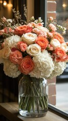 A vibrant bouquet of roses and hydrangeas in a glass vase, beautifully arranged in a cozy caf? setting