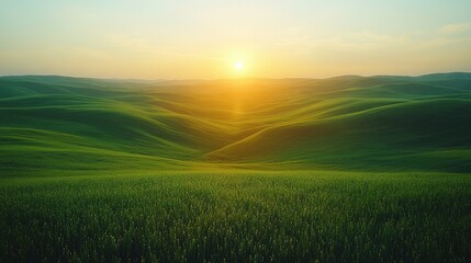 Serene sunset over rolling green hills with soft light illuminating the landscape