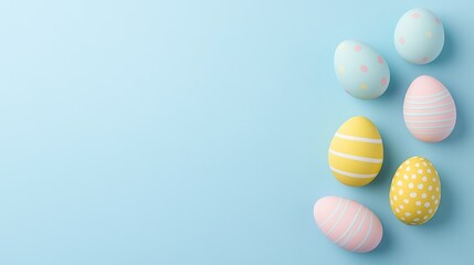 Colorful Easter eggs arranged on a light blue background, evoking a festive spring atmosphere