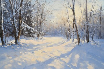 Obraz premium Winter Forest Landscape Painting Sunlight Through Snow-Covered Trees Art