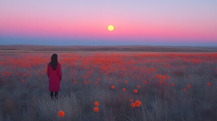 Woman in a red coat stands in a vibrant field of orange flowers at sunset, serene landscape
