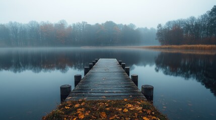 Serene wooden pier extending into a misty lake surrounded by autumn foliage and tranquility