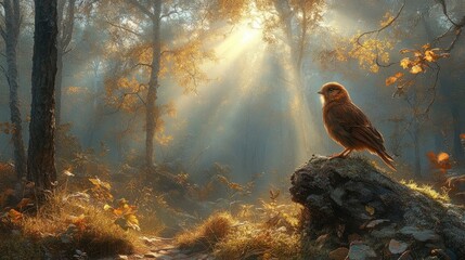 Majestic bird perched on a rock in a sunlit forest, surrounded by autumn foliage and soft light