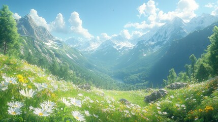 Lush mountain landscape with vibrant wildflowers in foreground, serene lake and majestic peaks beyond