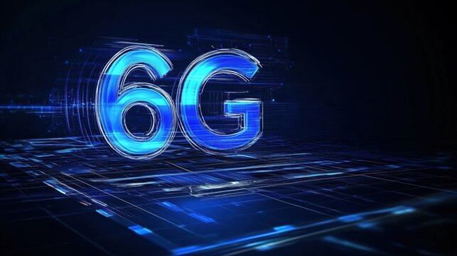 Illuminated 6G Technology Logo with Digital Grid Background Representing Future Connectivity